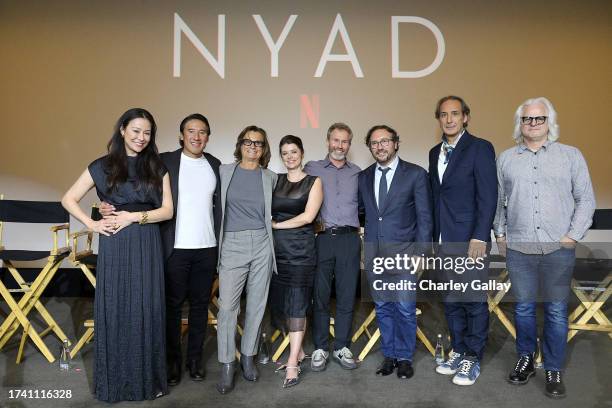 Elizabeth Chai Vasarhelyi, Jimmy Chin, Bonnie Stoll, Julia Cox, Andrew Lazar, Teddy Schwarzman, Alexandre Desplat, and Claudio Miranda attends...