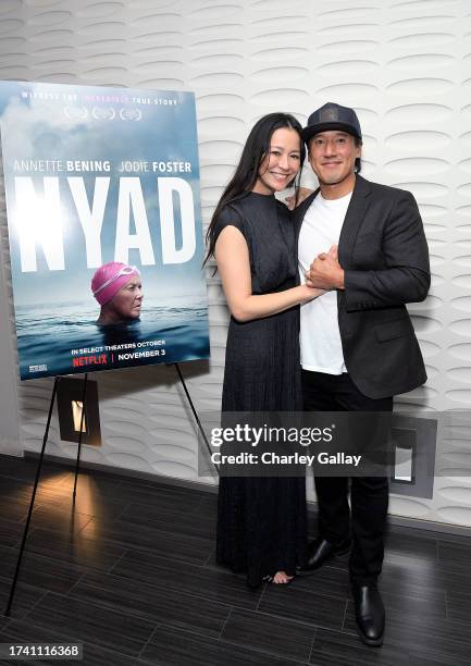 Elizabeth Chai Vasarhelyi and Jimmy Chin attend Netflix's Nyad LA Tastemaker Event at Pacific Design Center on October 16, 2023 in West Hollywood,...