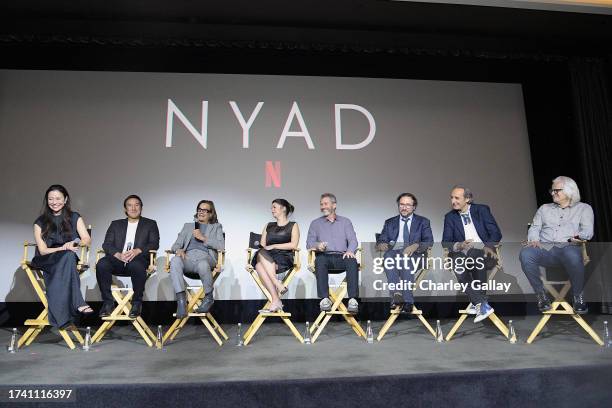 Elizabeth Chai Vasarhelyi, Jimmy Chin, Bonnie Stoll, Julia Cox, Andrew Lazar, Teddy Schwarzman, Alexandre Desplat, and Claudio Miranda speak onstage...