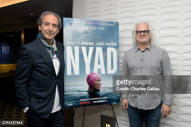 Alexandre Desplat and Claudio Miranda attend Netflix's Nyad LA Tastemaker Event at Pacific Design Center on October 16, 2023 in West Hollywood,...