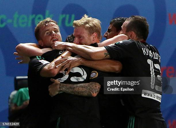 Players of FC Terek Grozny celebrate after scoring a goal during the Russian Premier League match between FC Terek Grozny and FC Amkar Perm at the...