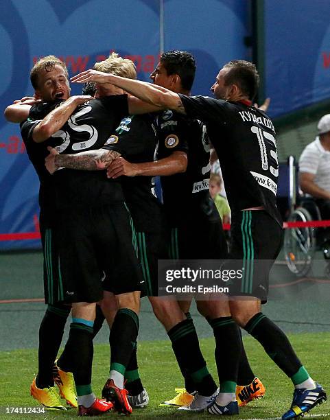 Players of FC Terek Grozny celebrate after scoring a goal during the Russian Premier League match between FC Terek Grozny and FC Amkar Perm at the...