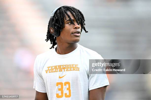 John Slaughter of the Tennessee Volunteers rocks a pair of Beats headphones before their game against the Texas A&M Aggies at Neyland Stadium on...