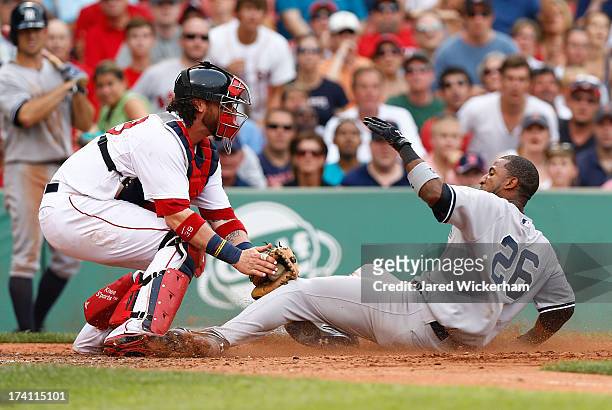 Eduardo Nunez of the New York Yankees is tagged out at home plate by Jarrod Saltalamacchia of the Boston Red Sox in the fifth inning during the game...