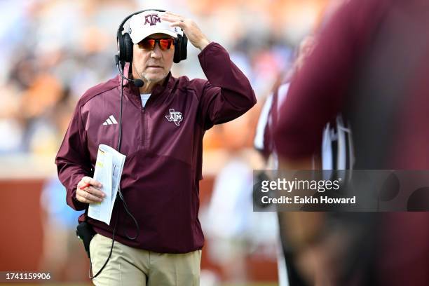 Head coach Jimbo Fisher of the Texas A&M Aggies stands on the sidelines against the Tennessee Volunteers in the second quarter at Neyland Stadium on...