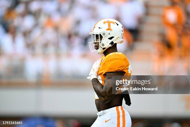 Cameron Seldon of the Tennessee Volunteers stands on the field against the Texas A&M Aggies in the second quarter at Neyland Stadium on October 14,...
