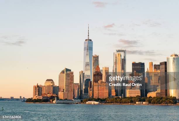 closeup view of new york city skyline from hudson river. - new york vacation rooftop stock pictures, royalty-free photos & images