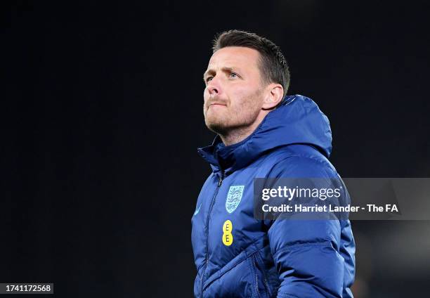 Joe Edwards, Head Coach of England, looks on prior to the U20 International Friendly match between England and Portugal at Stadium mk on October 17,...