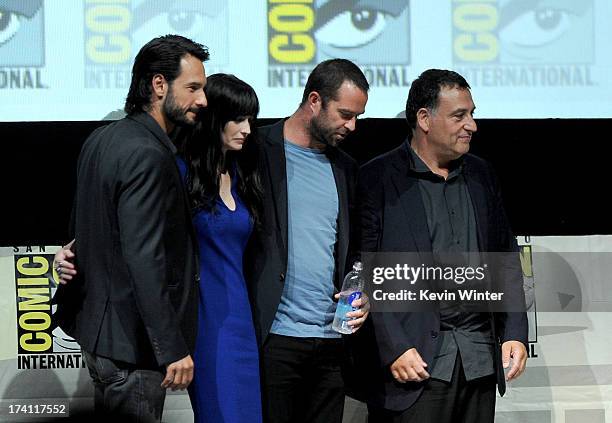 Actor Rodrigo Santoro, director Noam Murro, actress Eva Green and actor Sullivan Stapleton speak onstage at the Warner Bros. And Legendary Pictures...