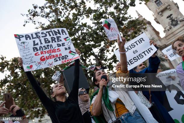 Dozens of people attend the demonstration organized by BDS Pais Valenciano, at the Plaza del Ayuntamiento, on 17 October, 2023 in Valencia, Valencian...