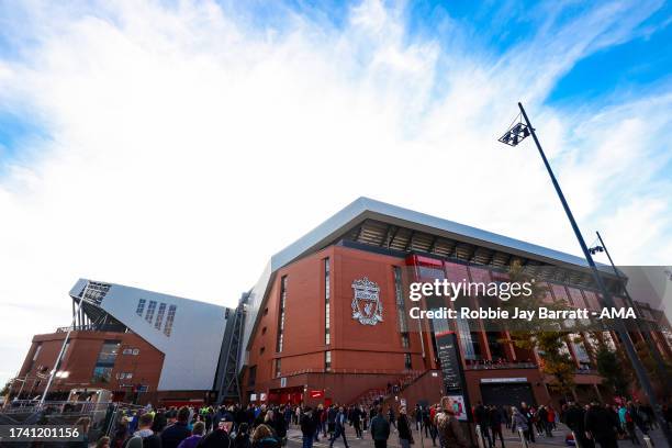 General external view of Anfield, home stadium of Liverpool with the new stand being built during the Premier League match between Liverpool FC and...