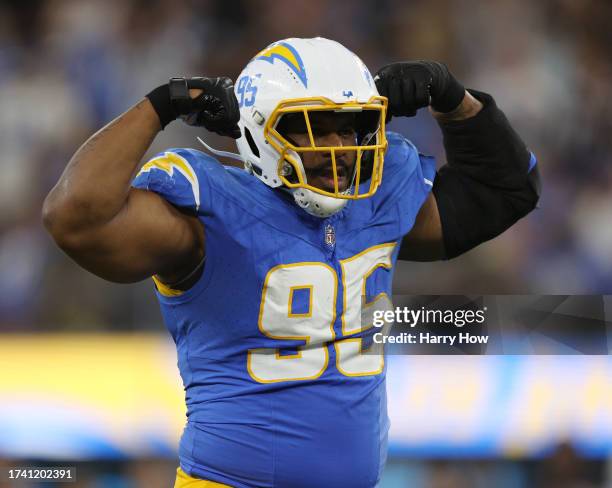 Nick Williams of the Los Angeles Chargers celebrates his sack during a 20-17 loss to the Dallas Cowboys at SoFi Stadium on October 16, 2023 in...
