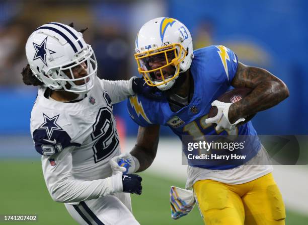 Keenan Allen of the Los Angeles Chargers reacts as he is tackled by Stephon Gilmore of the Dallas Cowboys during a 20-17 loss to the Dallas Cowboys...