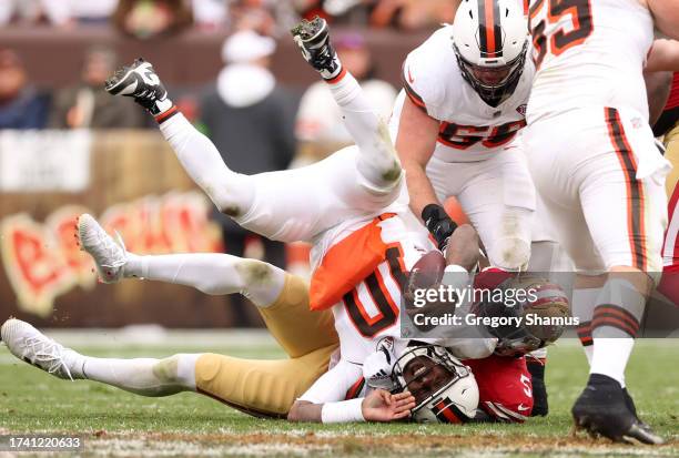 Randy Gregory of the San Francisco 49ers sacks PJ Walker of the Cleveland Browns during the third quarter at Cleveland Browns Stadium on October 15,...