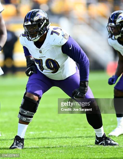 Ronnie Stanley of the Baltimore Ravens in action during the game against the Pittsburgh Steelers at Acrisure Stadium on October 8, 2023 in...
