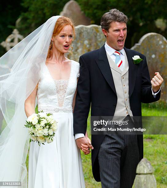 Alicia Fox-Pitt and Sebastian Stoddart leave The Church of the Holy Cross after their wedding in Goodnestone on July 20, 2013 near Dover, England.