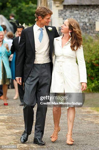 William Fox-Pitt and Alice Plunkett attend the wedding of Alicia Fox-Pitt and Sebastian Stoddart at The Church of the Holy Cross in Goodnestone on...