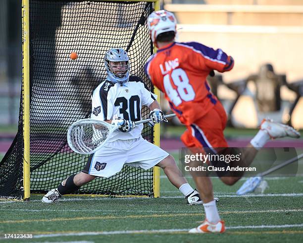 Roy Lang of the Hamilton Nationals fires a shot past Brian Phipps of the Ohio Machine in a Major League Lacrosse game on July 20, 2013 at Ron Joyce...