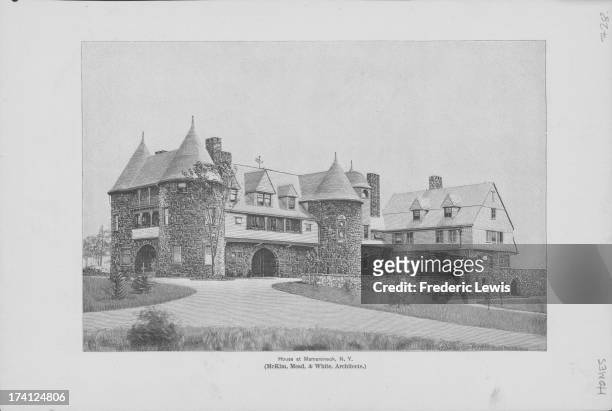 Engraving, from a picture, or the Osborn Residence in Mamaroneck, created by architects: McKim, Mead & White, as built in the style of Norman castles...