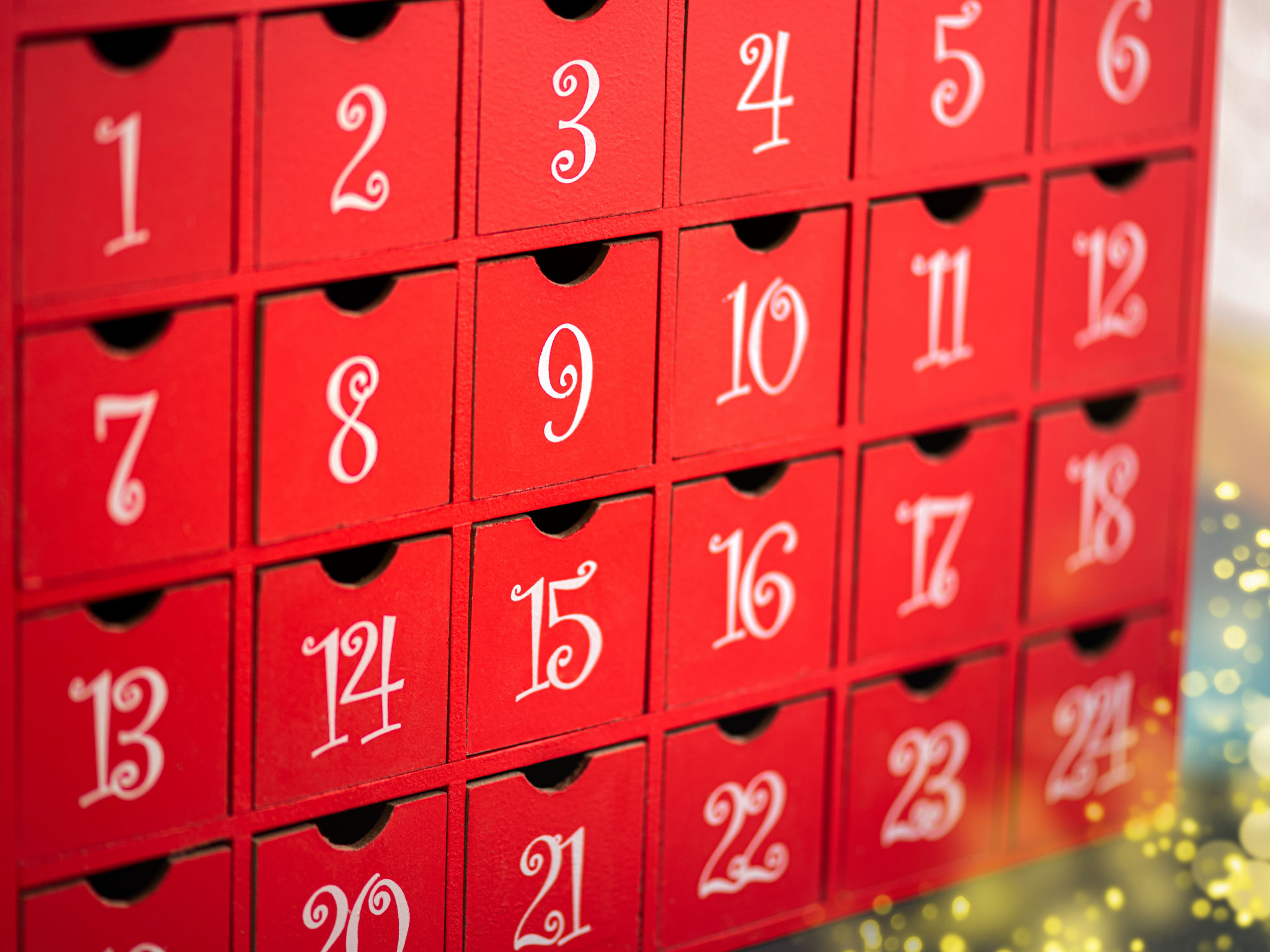 Christmas Advent Calendar. Christmas composition with red advent calendar, Christmas decor Christmas Advent Calendar. Christmas composition with red advent calendar, Christmas decor