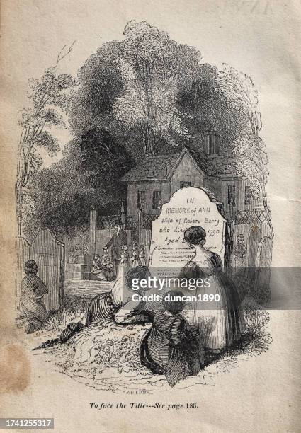 children visiting their father's grave, death, annals of the poor, 1830s, 19th century history - victorian orphan stock illustrations