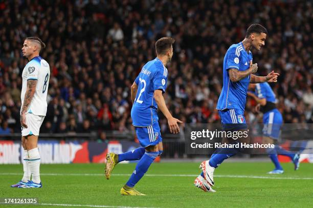 Gianluca Scamacca of Italy celebrates after scoring the team's first goal during the UEFA EURO 2024 European qualifier match between England and...