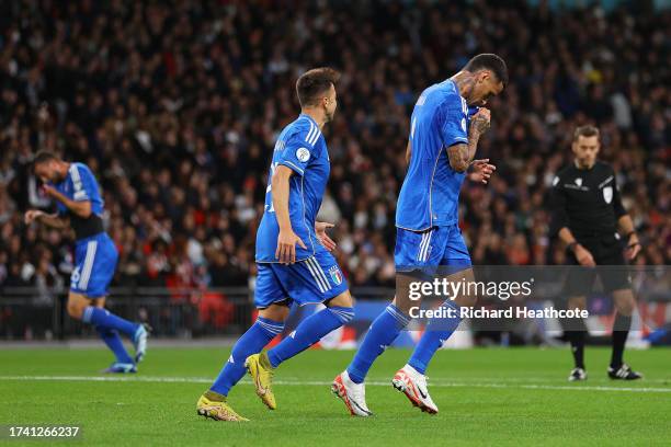 Gianluca Scamacca of Italy celebrates after scoring the team's first goal during the UEFA EURO 2024 European qualifier match between England and...