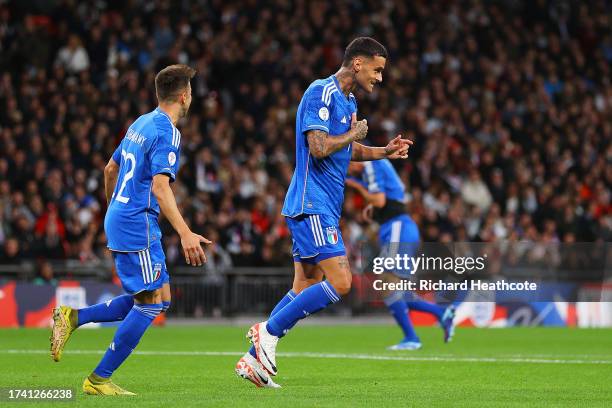 Gianluca Scamacca of Italy celebrates after scoring the team's first goal during the UEFA EURO 2024 European qualifier match between England and...