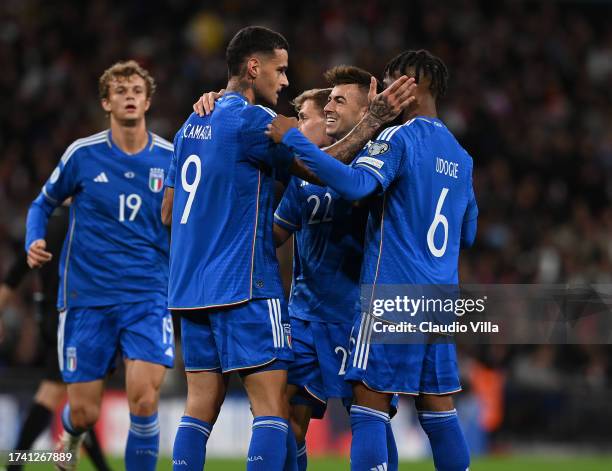 Gianluca Scamacca of Italy celebrates with team-mates after scoring the team's first goal during the UEFA EURO 2024 European qualifier match between...