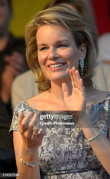 Princess Mathilde of Belgium attends an evening of concerts the 'Bal National' in the Marolles neighbourhood of Brussels on July 20, 2013 in...