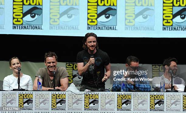 Actress Jennifer Lawrence, actor Michael Fassbender, director Bryan Singer and actor Hugh Jackman speak at the 20th Century Fox panel during...