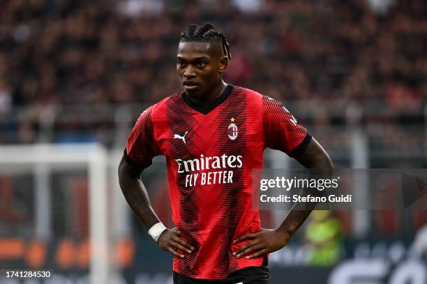 Rafael Leao of AC Milan reacts during the Serie A TIM match between AC Milan and SS Lazio at Stadio Giuseppe Meazza on September 30, 2023 in Milan,...