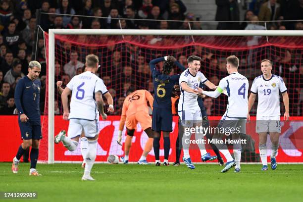 Billy Gilmour of Scotland celebrates with teammate Scott McTominay after scoring the team's first goal during the International Friendly between...