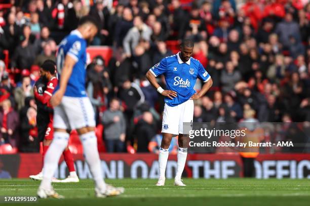 Dejected Beto of Everton during the Premier League match between Liverpool FC and Everton FC at Anfield on October 21, 2023 in Liverpool, England.