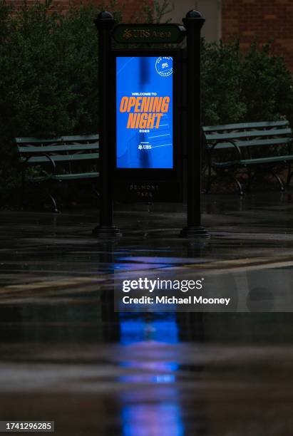 An Opening Night graphic outside of the arena prior to the game between the Buffalo Sabres and New York Islanders at UBS Arena on October 14, 2023 in...