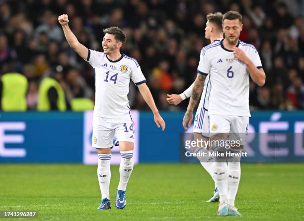 Billy Gilmour of Scotland celebrates towards the fans after scoring the team's first goal during the International Friendly between France and...