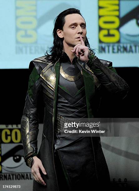 Actor Tom Hiddleston speaks onstage at Marvel Studios "Thor: The Dark World" and "Captain America: The Winter Soldier" during Comic-Con International...