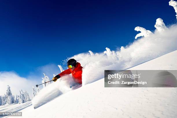 skifahren im pulverschnee - skifahren und snowboarden stock-fotos und bilder