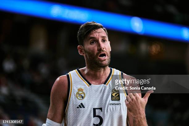Rudy Fernandez of Real Madrid reacts during the Turkish Airlines EuroLeague Regular Season Round 3 match between Real Madrid and Zalgiris Kaunas at...