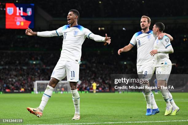 Marcus Rashford of England celebrates after scoring the team's second goal during the UEFA EURO 2024 European qualifier match between England and...
