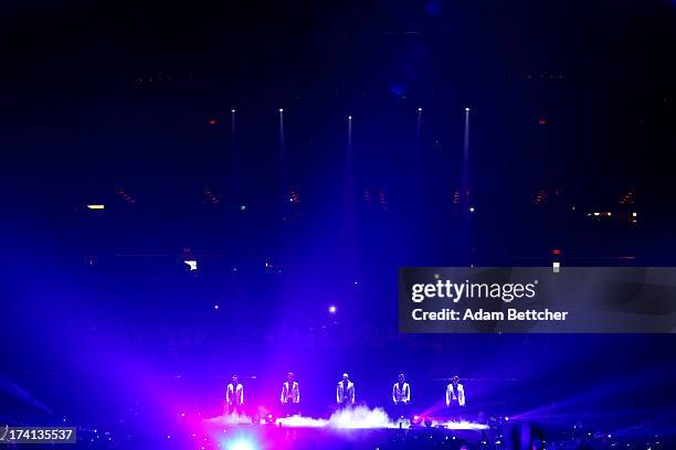 New Kids On The Block singers Donnie Wahlberg, Joey McIntyre, Danny Wood, Jordan Knight and Jonathan Knight perform during "The Package Tour" with 98...