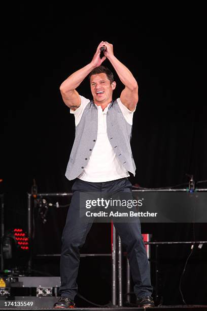 Degrees singer Nick Lachey performs during "The Package Tour" with Boyz II Men and New Kids On The Block at Target Center on July 20, 2013 in...