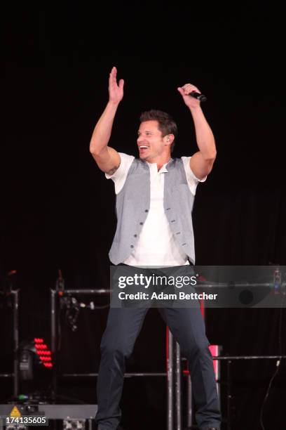 Degrees singer Nick Lachey performs during "The Package Tour" with Boyz II Men and New Kids On The Block at Target Center on July 20, 2013 in...