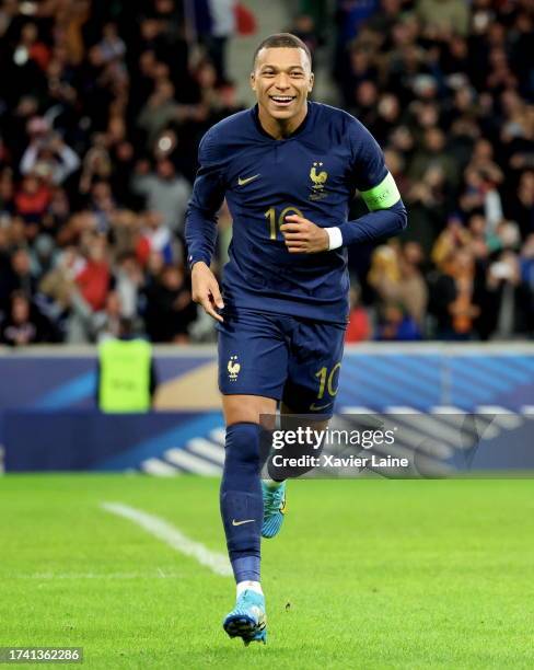 Kylian Mbappe of Team France celebrates his first goal during the friendly game between France and Scotland at Decathlon Arena on October 17, 2023 in...