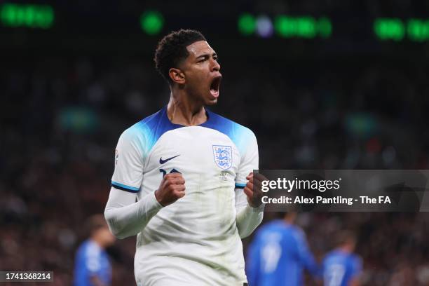 Jude Bellingham celebrates after Marcus Rashford of England scored the team's second goal during the UEFA EURO 2024 European qualifier match between...