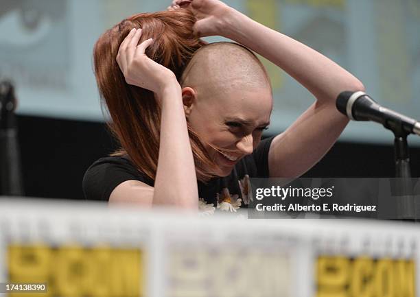 Actress Karen Gillan speaks at Marvel's "Guardians Of The Galaxy" panel during Comic-Con International 2013 at San Diego Convention Center on July...