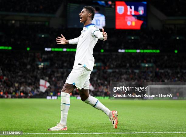 Marcus Rashford of England celebrates after scoring the team's second goal during the UEFA EURO 2024 European qualifier match between England and...