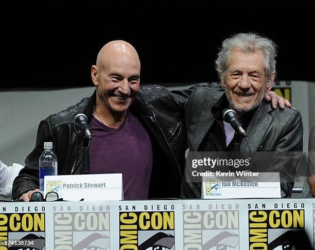 Actors Patrick Stewart and Ian McKellen speak at the 20th Century Fox panel during Comic-Con International 2013 at San Diego Convention Center on...