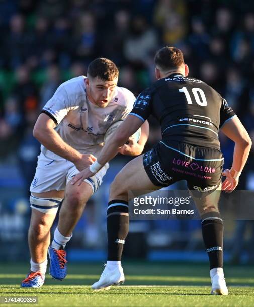 Scotland , United Kingdom - 22 January 2023; James Culhane of Leinster in action against Tom Jordan of Glasgow Warriors during the United Rugby...
