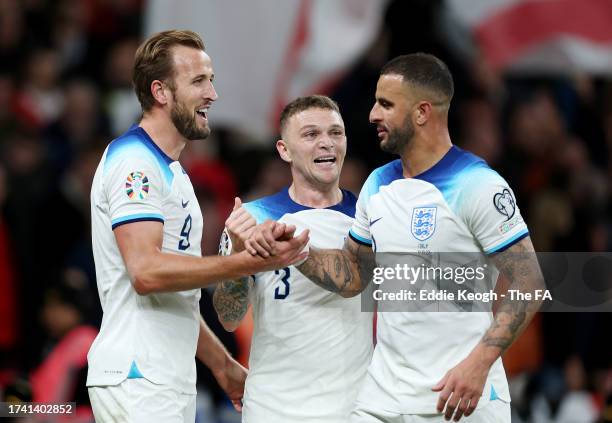 Harry Kane celebrates after scoring the team's third goal during the UEFA EURO 2024 European qualifier match between England and Italy at Wembley...